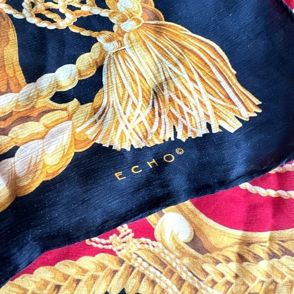 Echo Vintage Silk Black Gold Red Baroque Maximalist Print Scarf